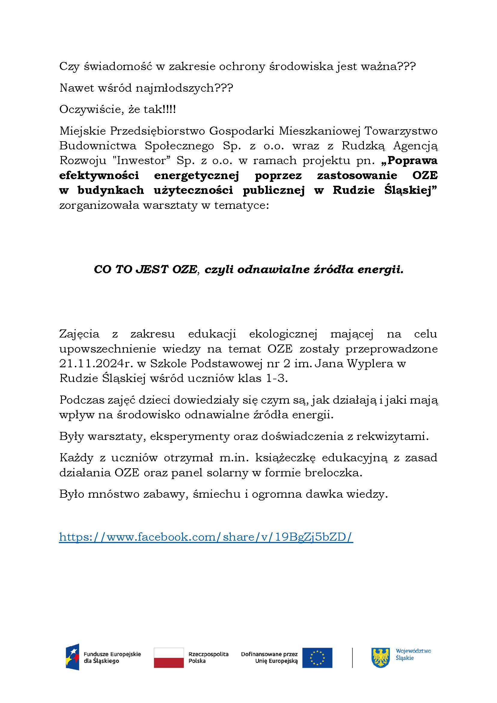 Boszurka reklamowa opisująca CO TO JEST OZE, czyli odnawialne źródła energii. Po kliknięciu otwiera się w formacie PDF